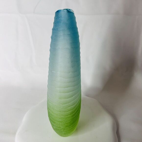 Vintage Ombre Green To Blue Frosted Art Blown Glass Ribbed MCM 8.5” PRETTY - Picture 7 of 9